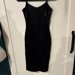 Y2K Vintage Body Con‎ Black Satin Lace Trim Midi Slip Dress / Siren/Coguette